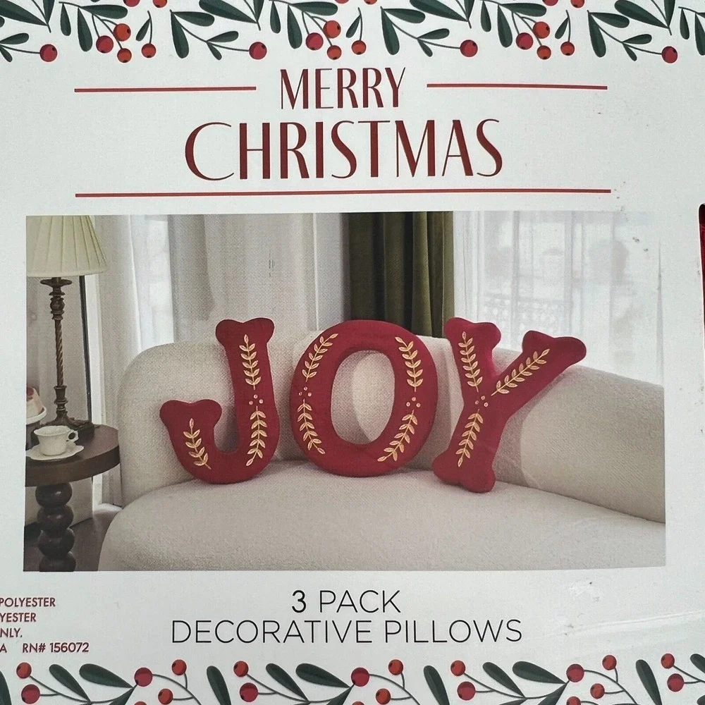 JOY Decorative Throw Pillows Set of 3 – Red & Gold Holiday Christmas Couch Décor